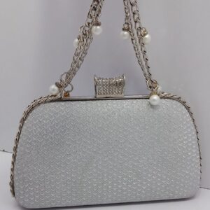 silver Clutch Bag with Pearls and Chain