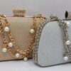 silver Clutch Bag with Pearls and Chain - Image 3
