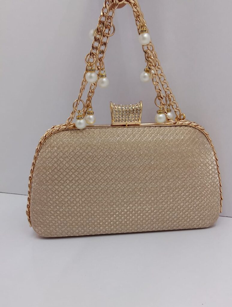 Gold Clutch Bag with Pearls and Chain