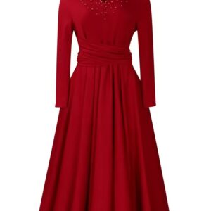 Red Long Sleeve Dress with Beaded Neckline