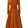 Brown Long Sleeve Dress with Beaded Neckline - Image 3