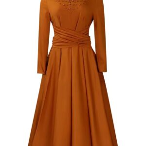 Brown Long Sleeve Dress with Beaded Neckline