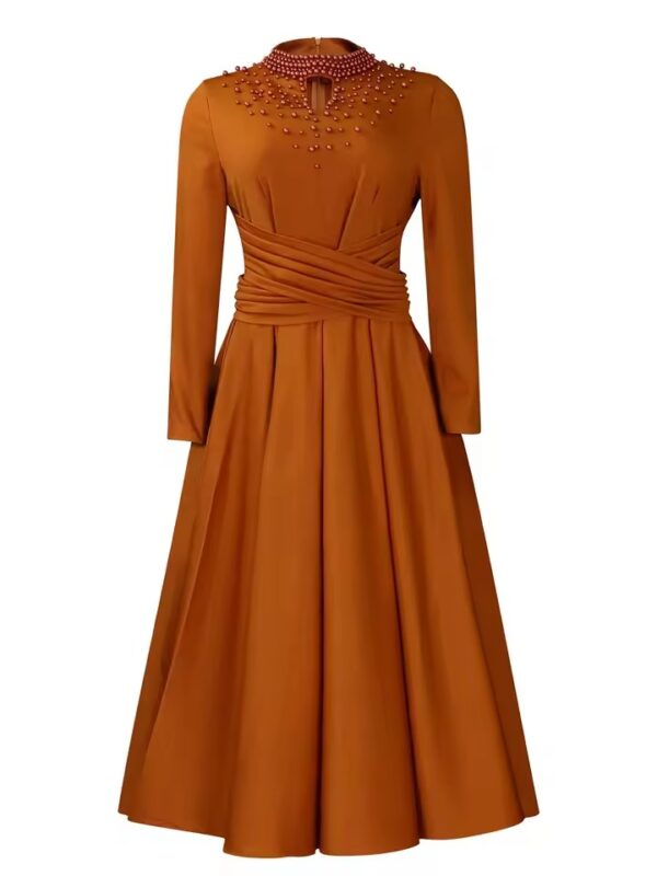 Brown Long Sleeve Dress with Beaded Neckline