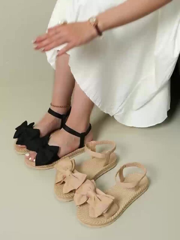 Elegant Women's Mary Jane Flat Sandals with Black Bow Detail - Lightweight Soft Microfiber Slip-On Open-Toe Beach Shoes, Comfortable EVA Sole for Casual & Formal Wear, All-Season Versatile Design, Summer Footwear, Bowadorned Shoes, Breezy Look, Breathable Fabric - Image 16