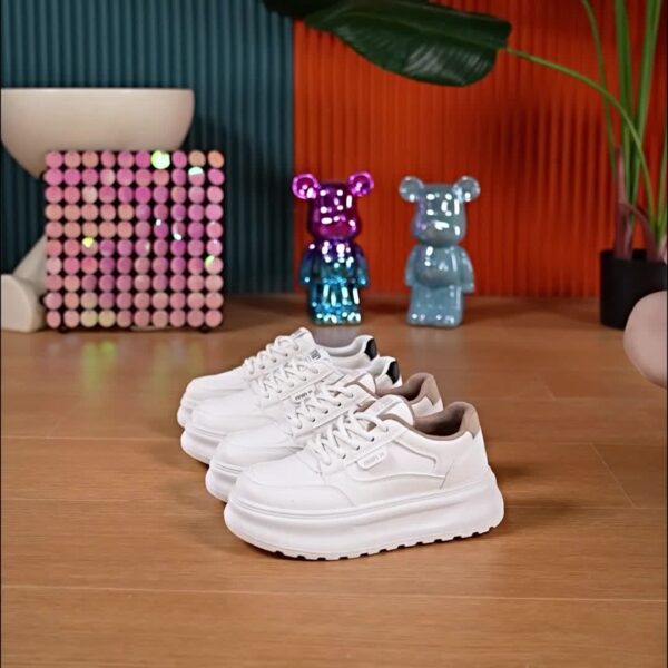 Women's White Low-Top Lace-Up Casual Sneakers with Thick Cushioned TPU Sole - Image 13