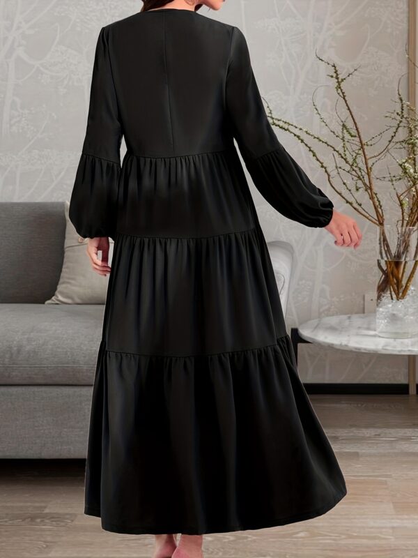 Ruched Lantern Sleeve Dress, Casual Crew Neck Solid Maxi Dress, Women's Clothing - Image 10