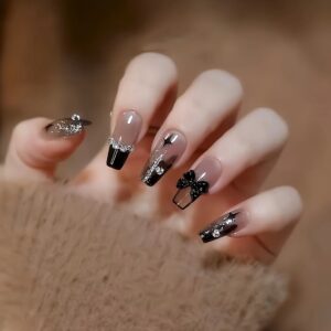 12pcs Black Star Press On Nails Medium Rhinestone Coffin Nails