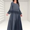 Ruched Lantern Sleeve Dress, Casual Crew Neck Solid Maxi Dress, Women's Clothing - Image 6