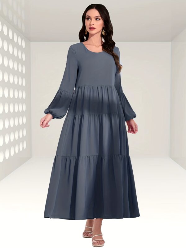 Ruched Lantern Sleeve Dress, Casual Crew Neck Solid Maxi Dress, Women's Clothing - Image 6