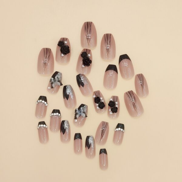 3D Black Camellia Press On Nails Medium - Image 4