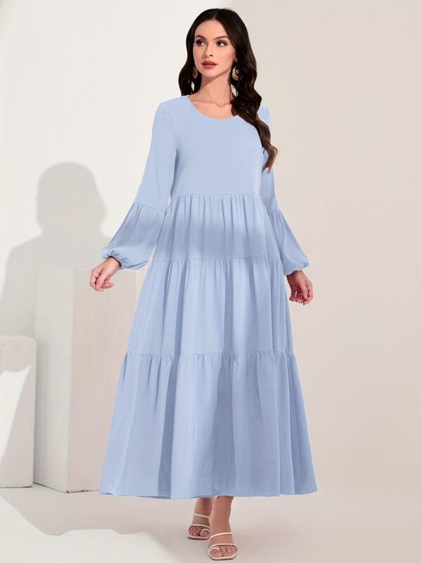 Ruched Lantern Sleeve Dress, Casual Crew Neck Solid Maxi Dress, Women's Clothing - Image 3