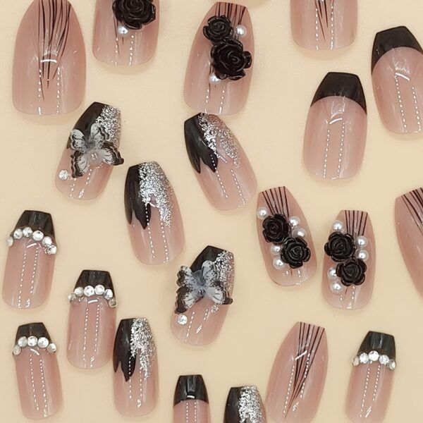 3D Black Camellia Press On Nails Medium - Image 6
