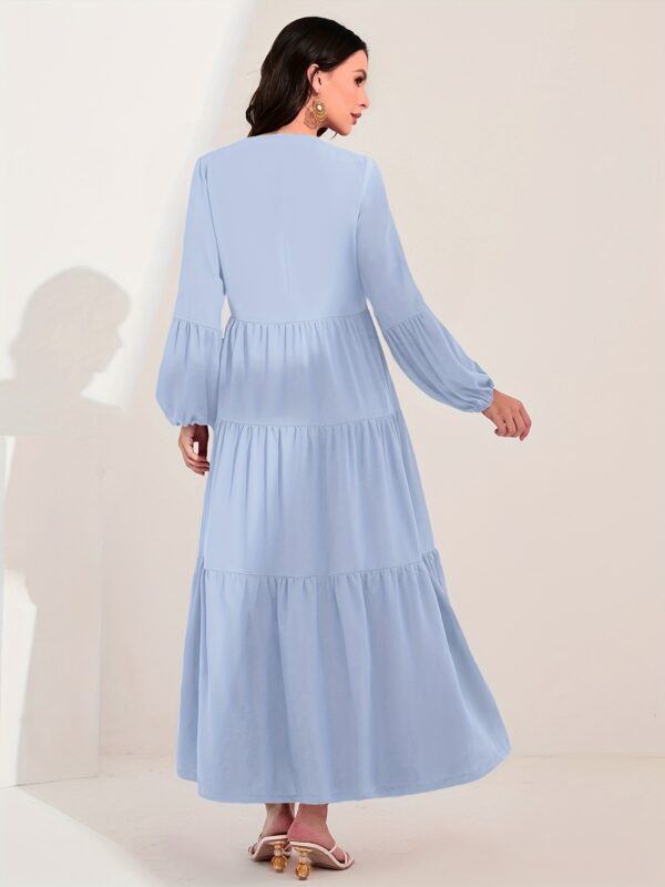 Ruched Lantern Sleeve Dress, Casual Crew Neck Solid Maxi Dress, Women's Clothing - Image 9