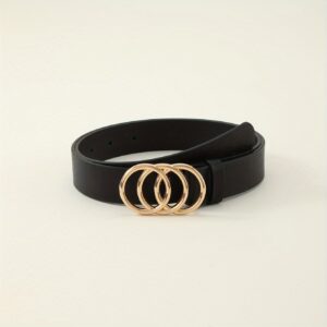 Triple Ring Buckle PU Leather Belt For Women Classic Solid Color Waistband Trendy Jeans Pants Belts