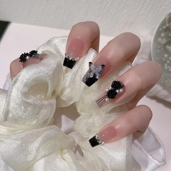 3D Black Camellia Press On Nails Medium