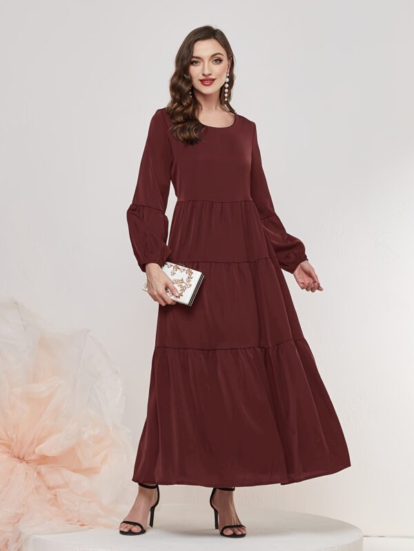 Ruched Lantern Sleeve Dress, Casual Crew Neck Solid Maxi Dress, Women's Clothing - Image 5