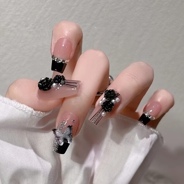 3D Black Camellia Press On Nails Medium - Image 2