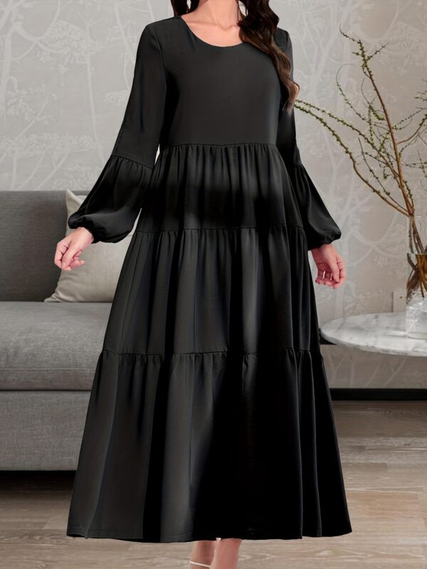 Ruched Lantern Sleeve Dress, Casual Crew Neck Solid Maxi Dress, Women's Clothing - Image 4