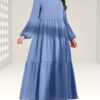 Ruched Lantern Sleeve Dress, Casual Crew Neck Solid Maxi Dress, Women's Clothing - Image 2