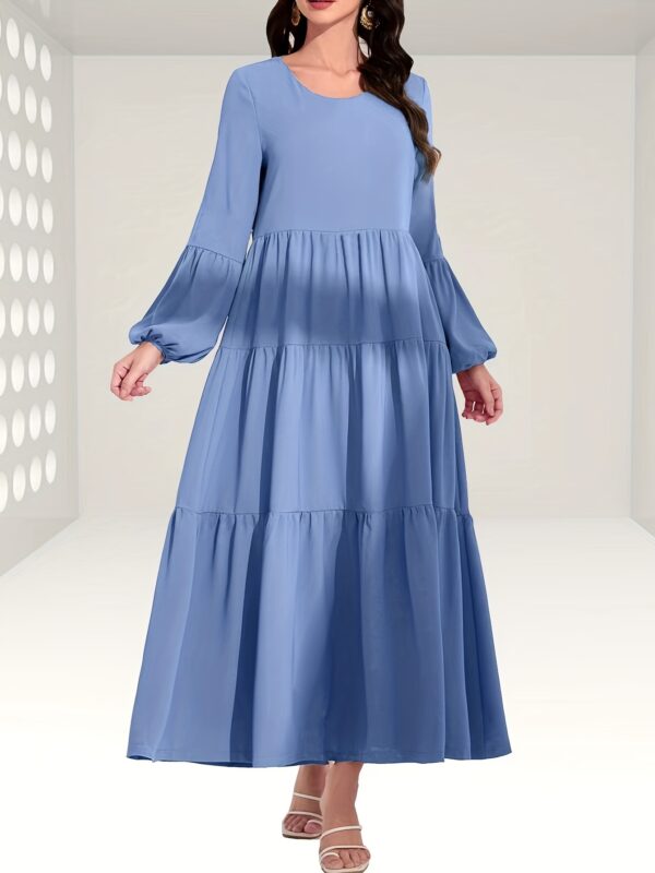 Ruched Lantern Sleeve Dress, Casual Crew Neck Solid Maxi Dress, Women's Clothing - Image 2