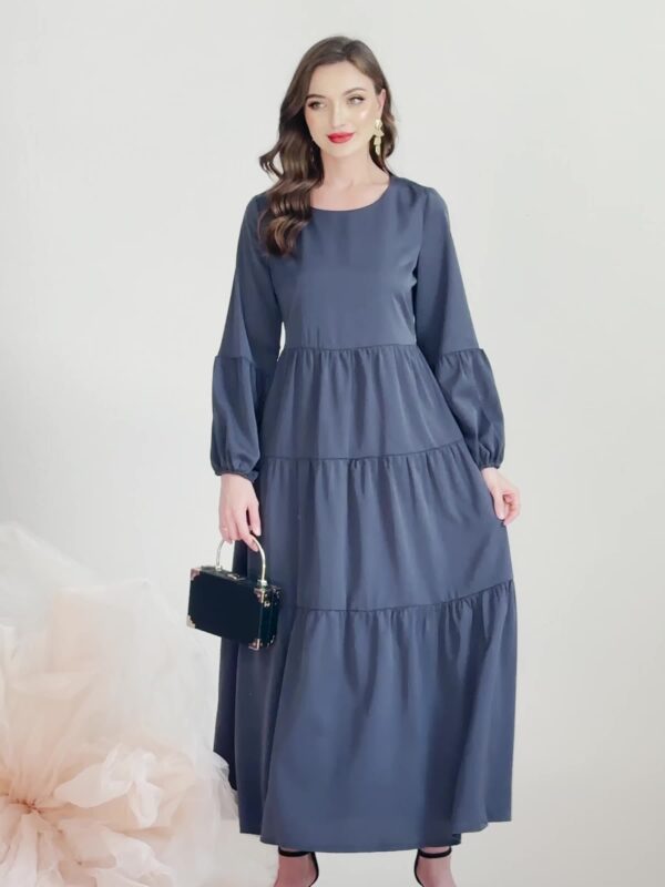 Ruched Lantern Sleeve Dress, Casual Crew Neck Solid Maxi Dress, Women's Clothing - Image 11
