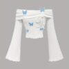 1pc Women'S White Off-Shoulder Flare Sleeve T-Shirt with Blue Butterfly Embellishments - Image 7