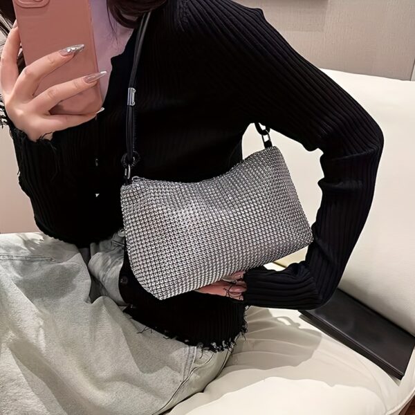 Stylish Black Rhinestone-Embellished Crossbody Bag with Golden-Tone Chain Strap - Image 9