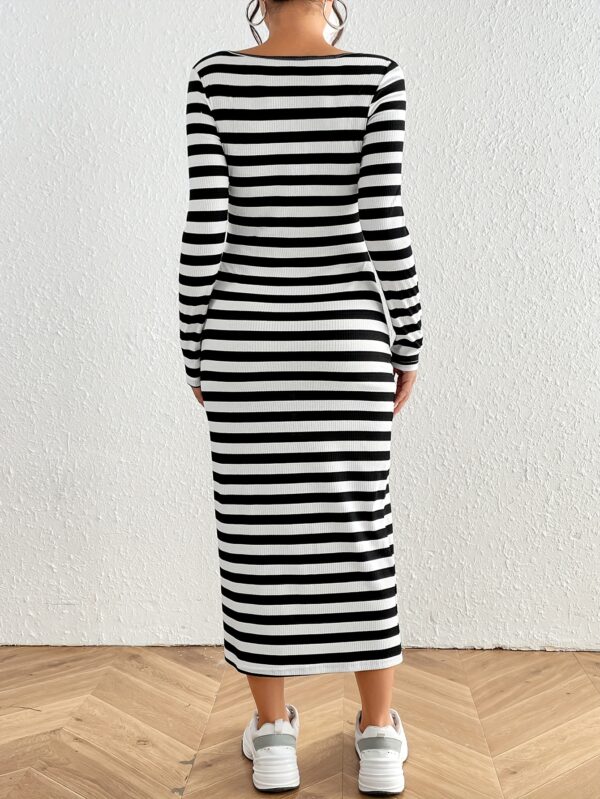 1 Class Glamour: Striped Pattern Slim Long Sleeve Dress - Image 3