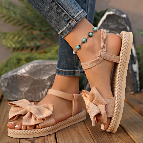 Elegant Women's Mary Jane Flat Sandals with Black Bow Detail - Lightweight Soft Microfiber Slip-On Open-Toe Beach Shoes, Comfortable EVA Sole for Casual & Formal Wear, All-Season Versatile Design, Summer Footwear, Bowadorned Shoes, Breezy Look, Breathable Fabric - Image 7