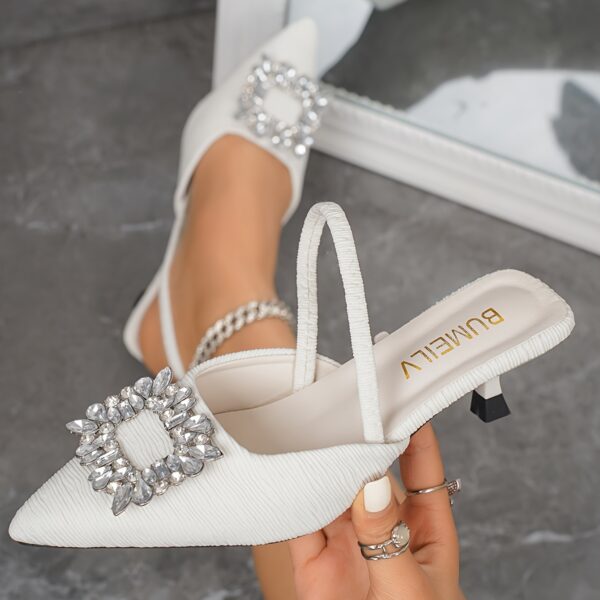 Women's White Rhinestone-Embellished Pointed-Toe Summer Sandals with Adjustable Back Strap - Image 2
