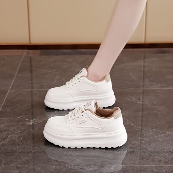 Women's White Low-Top Lace-Up Casual Sneakers with Thick Cushioned TPU Sole - Image 3