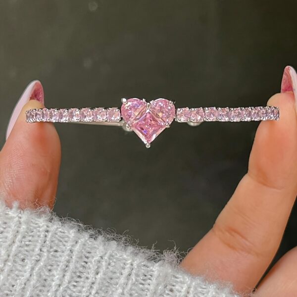 Pink Rhinestone Heart Cuff Bracelet - Image 2