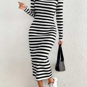 1 Class Glamour: Striped Pattern Slim Long Sleeve Dress