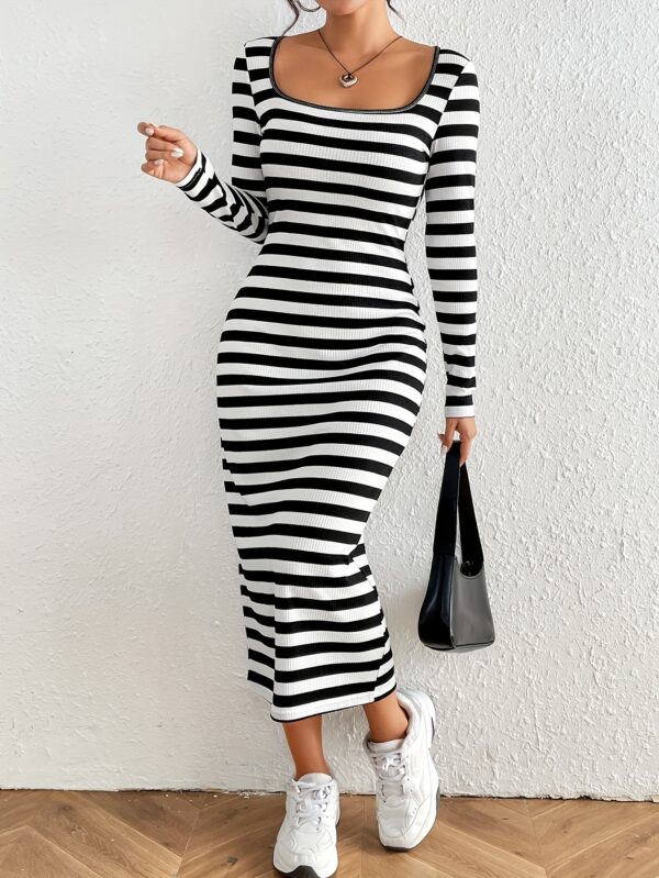1 Class Glamour: Striped Pattern Slim Long Sleeve Dress
