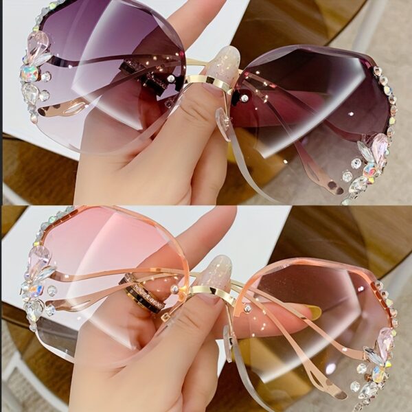 Buy 1 Get 1 Free, 2pcs Rhinestone Glasses, Women's Frameless Gradient Lens, Unique Bent Leg Design - Image 3