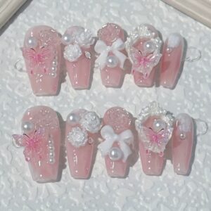 10pcs High-End Handmade Rose Jelly Butterfly Fake Nails