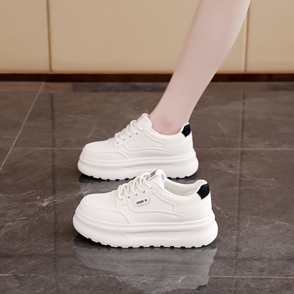 Women's White Low-Top Lace-Up Casual Sneakers with Thick Cushioned TPU Sole - Image 2