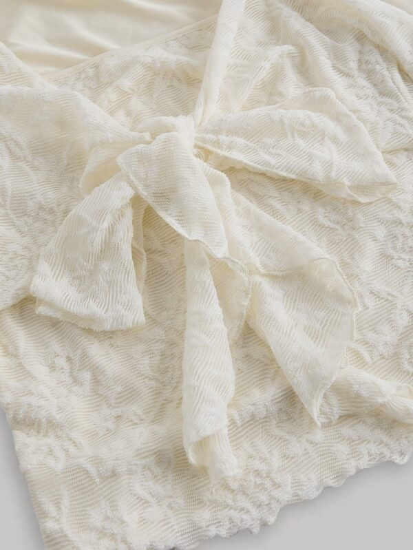 Women's Lace Bell Sleeve T-Shirt with Front Bow Tie Detail - Stretchy Semi-Sheer Blouse - Image 4