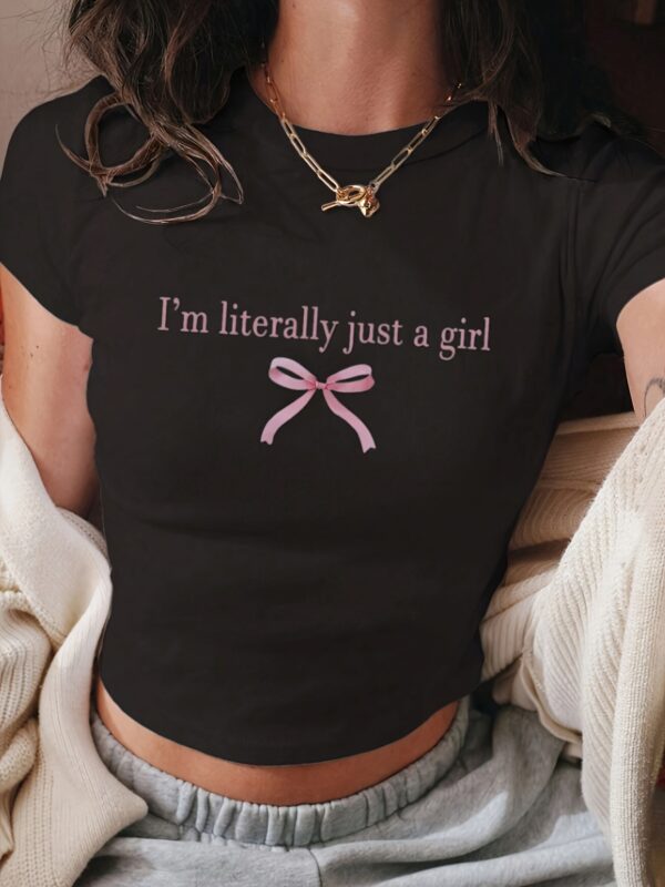 Letter & Bow Print Crew Neck T-shirt