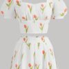 Romantic Casual Sweet Set with Tulip Print Lantern Sleeve Design and Skirt - Image 7