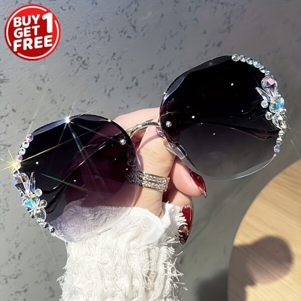 Buy 1 Get 1 Free, 2pcs Rhinestone Glasses, Women's Frameless Gradient Lens, Unique Bent Leg Design