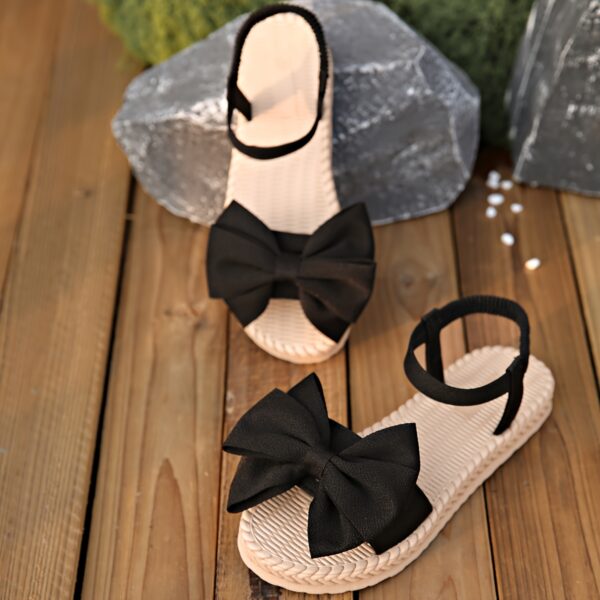 Elegant Women's Mary Jane Flat Sandals with Black Bow Detail - Lightweight Soft Microfiber Slip-On Open-Toe Beach Shoes, Comfortable EVA Sole for Casual & Formal Wear, All-Season Versatile Design, Summer Footwear, Bowadorned Shoes, Breezy Look, Breathable Fabric - Image 2