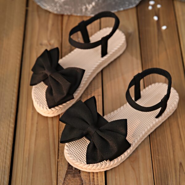 Elegant Women's Mary Jane Flat Sandals with Black Bow Detail - Lightweight Soft Microfiber Slip-On Open-Toe Beach Shoes, Comfortable EVA Sole for Casual & Formal Wear, All-Season Versatile Design, Summer Footwear, Bowadorned Shoes, Breezy Look, Breathable Fabric - Image 5