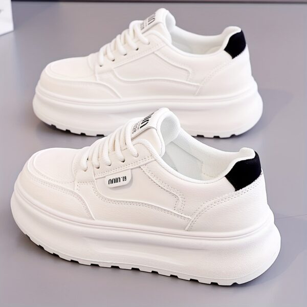 Women's White Low-Top Lace-Up Casual Sneakers with Thick Cushioned TPU Sole