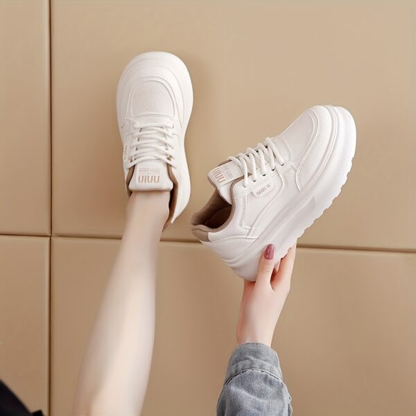 Women's White Low-Top Lace-Up Casual Sneakers with Thick Cushioned TPU Sole - Image 4