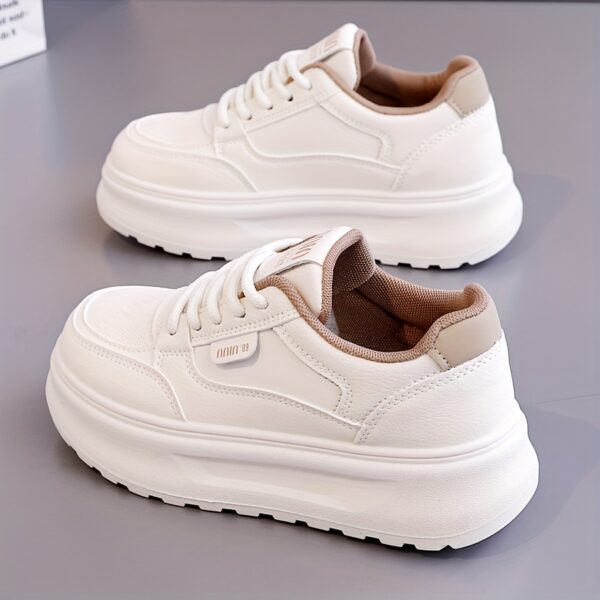 Women's White Low-Top Lace-Up Casual Sneakers with Thick Cushioned TPU Sole - Image 5