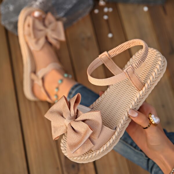 Elegant Women's Mary Jane Flat Sandals with Black Bow Detail - Lightweight Soft Microfiber Slip-On Open-Toe Beach Shoes, Comfortable EVA Sole for Casual & Formal Wear, All-Season Versatile Design, Summer Footwear, Bowadorned Shoes, Breezy Look, Breathable Fabric