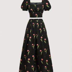 Romantic Casual Sweet Set with Tulip Print Lantern Sleeve Design and Skirt