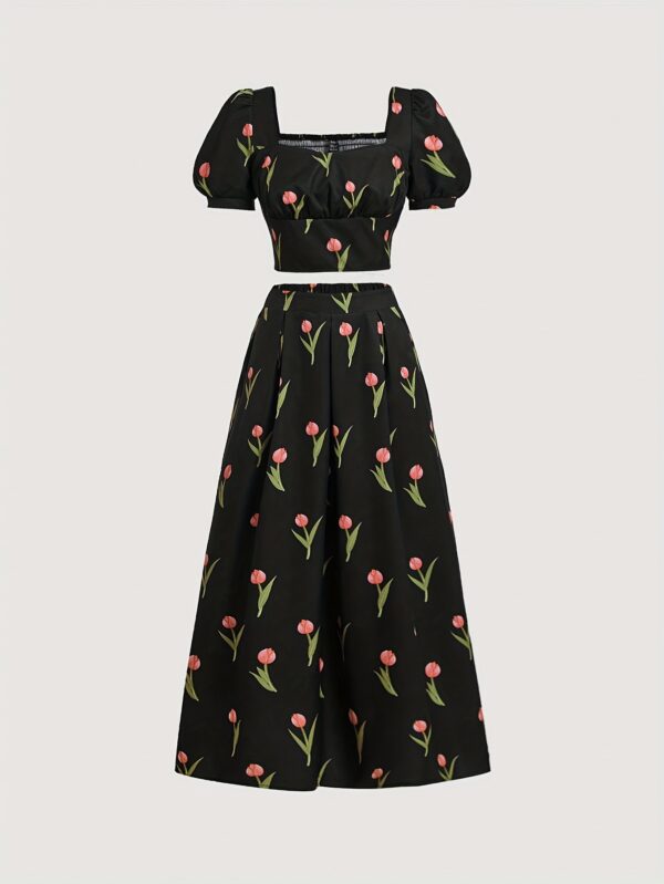 Romantic Casual Sweet Set with Tulip Print Lantern Sleeve Design and Skirt