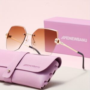 A pair of Women's stylish simple and generous rimless trim glasses, with purple glasses case, unique decorative holiday gift in retro style